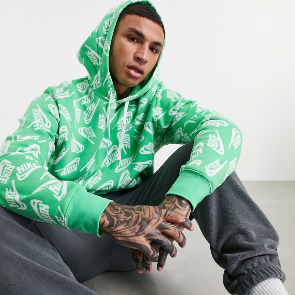 NIKE Hoodie Sport Essentials Fleece All Over Logo Green White Men’s Medium
